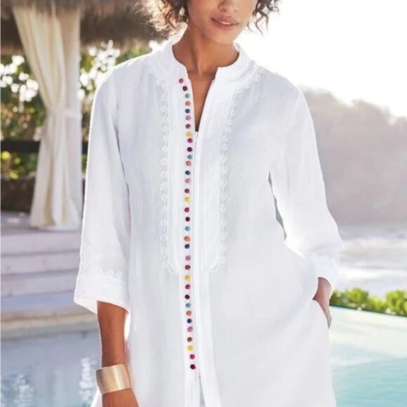 Soft Surroundings Rainbow Desert Linen Tunic White Embroidered  Zip Up XS - Picture 1 of 11